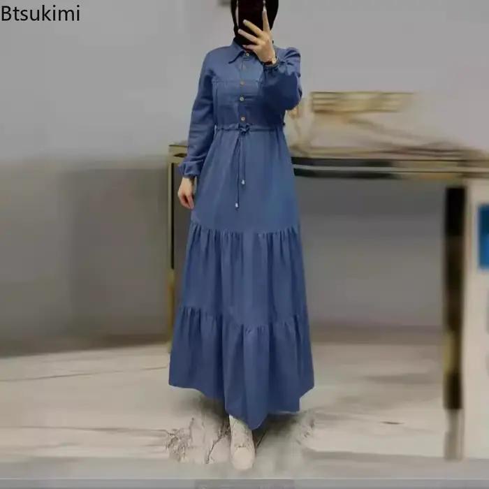 Robes Maxi musulmanes arabe Islam vêtements simple boutonnage revers à lacets femmes Robe longue élégante dubaï turquie