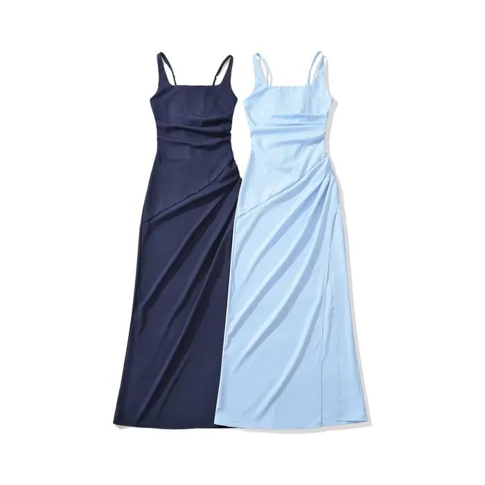 Robe longue élégante de style français avec fentes latérales et ceinture à la taille
