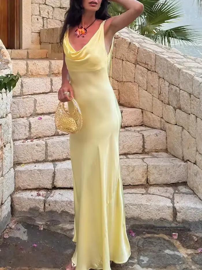 HH femmes été vacances Style col en v Satin Texture robe femme élégante Sexy solide dos nu à lacets sangle