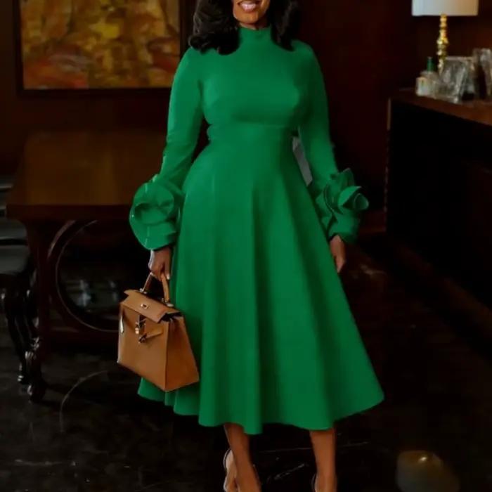 Robe Trapèze Plissée en Polyester et Élasthanne pour Femmes Chics Col Mi-Haut Manches Longues Motif Floral 3D Occasions Spéciales Mariages Noël Nouvel An Evénements Formels
