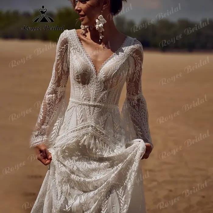 Robe mariee boheme dentelle à manches longues sirène
