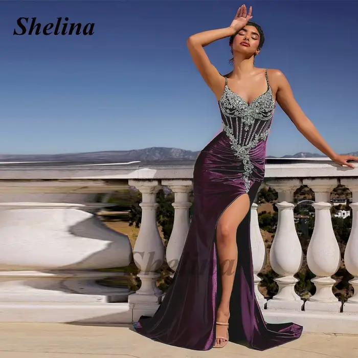 Shelina Opulent Robes De bal bretelles Spaghetti strass Mermiad haute fente sur mesure Occasion