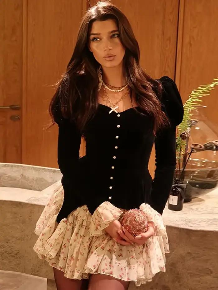 Robe Mini Gothique en Velours Noir pour Femme
