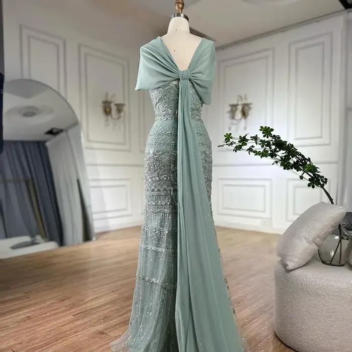 Serene Hill 2025 saoudien arabe sauge vert sirène perlée luxe robe de soirée longue Cape Occasion formelle personnaliser BLA72126B
