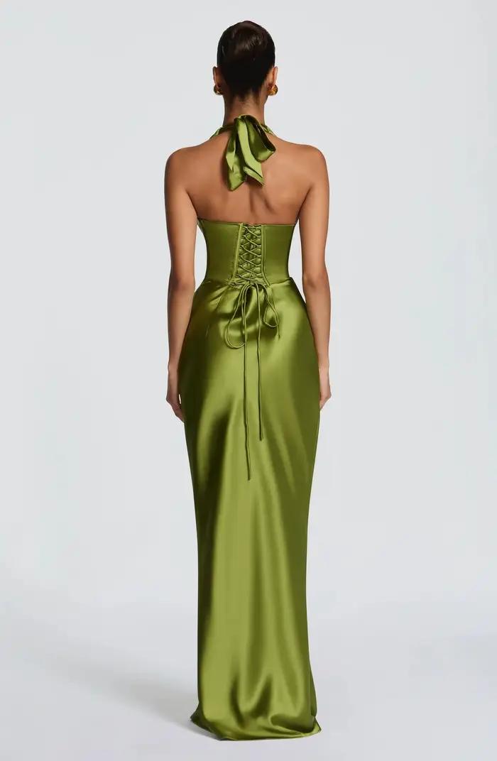 Robe de soirée formelle en satin vert olive pour femme
