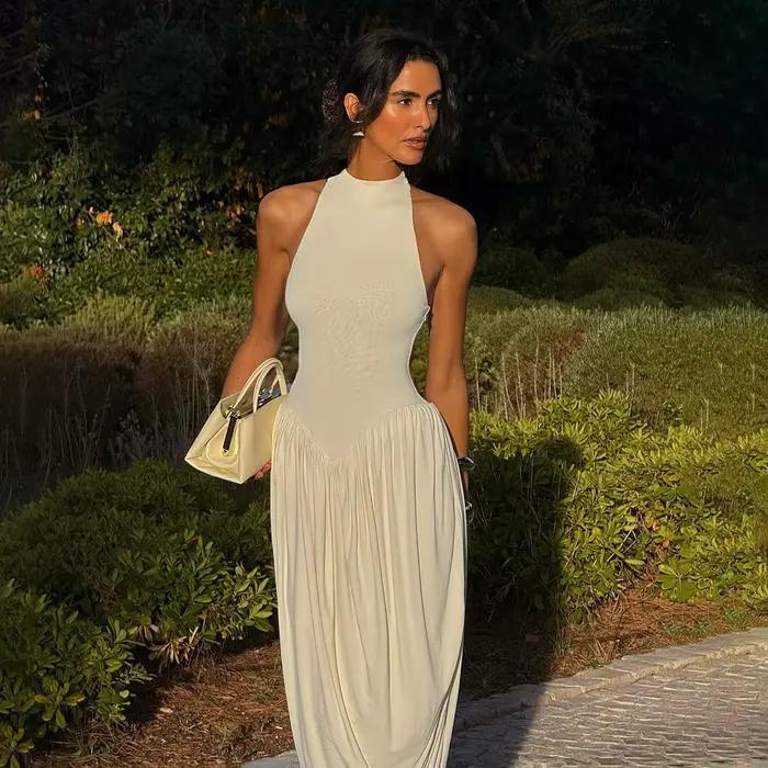 Robe longue plissée sans manches pour femme design cocon élégante confortable occasion spéciale été bywindto