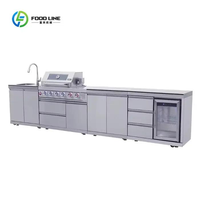 Cuisine extérieure personnalisée avec plan de travail en granit, barbecue à gaz, armoire de rangement, structure robuste en acier inoxydable, entièrement étanche
