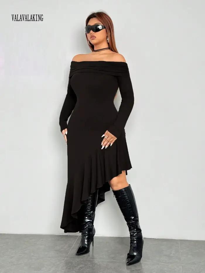 2025 Sexy noir hors de l'épaule grande taille robe longue femmes été à volants Midi