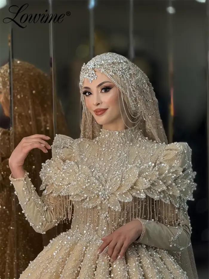 Robe de soirée musulmane champagne à manches longues