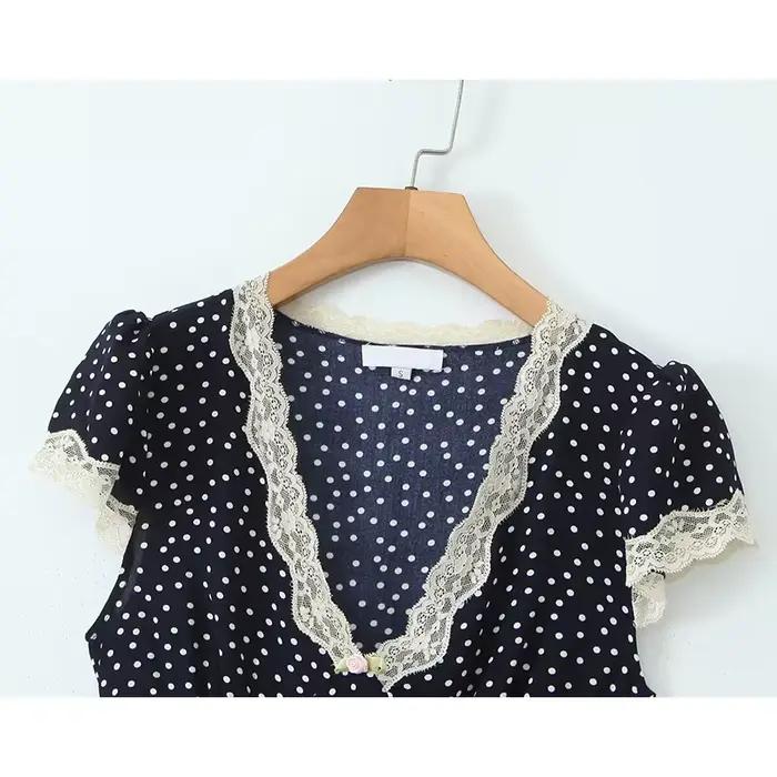 Robe longue bleu marine à pois pour femmes