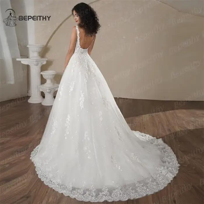BEPEITHY personnalisé plage dentelle robes de mariée 2025 pour les femmes dos nu une ligne Court Train Sexy sans manches