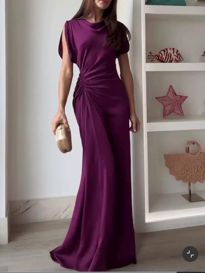 Robe ELSVIOS élégante et décontractée pour femmes, col rond, coupe cintrée, polyester uni, longue, occasions spéciales printemps été