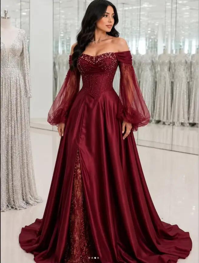 Robe de soirée bordeaux personnalisable avec perles et cristaux pour bal de promo mariage soirée trapèze élégante à offrir