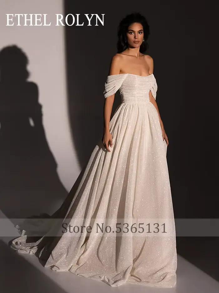 ETHEL ROLYN robes De mariée trapèze pour femmes brillant hors De l'épaule col bateau brosse Train robe
