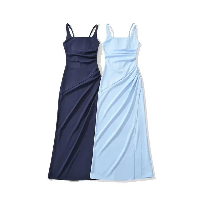 Robe longue élégante de style français avec fentes latérales et ceinture à la taille