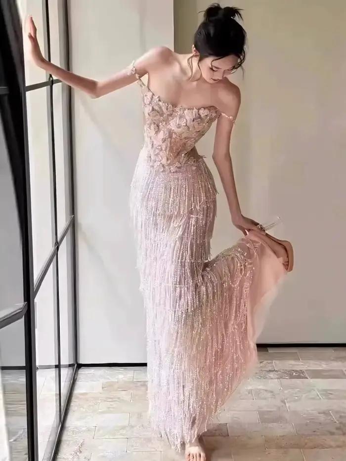 Robe à franges robe de soirée pour femme robe de princesse haut de gamme Banquet Socialite artisanat lourd fiançailles robe de soirée de luxe légère