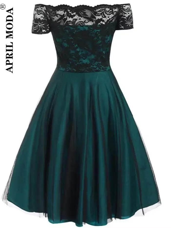 Femmes Vintage robe en dentelle formelle rouge noir vert Slash cou Tulle Midi Jurken Chic rétro gothique années 50 robes trapèze vêtements de fête