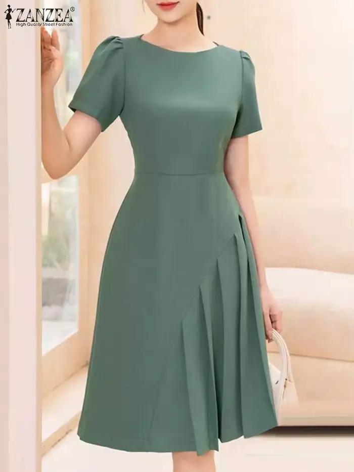 ZANZEA 2025 Femme mode robe plissée été à manches courtes col rond taille ajustée genou longueur Robes élégantes