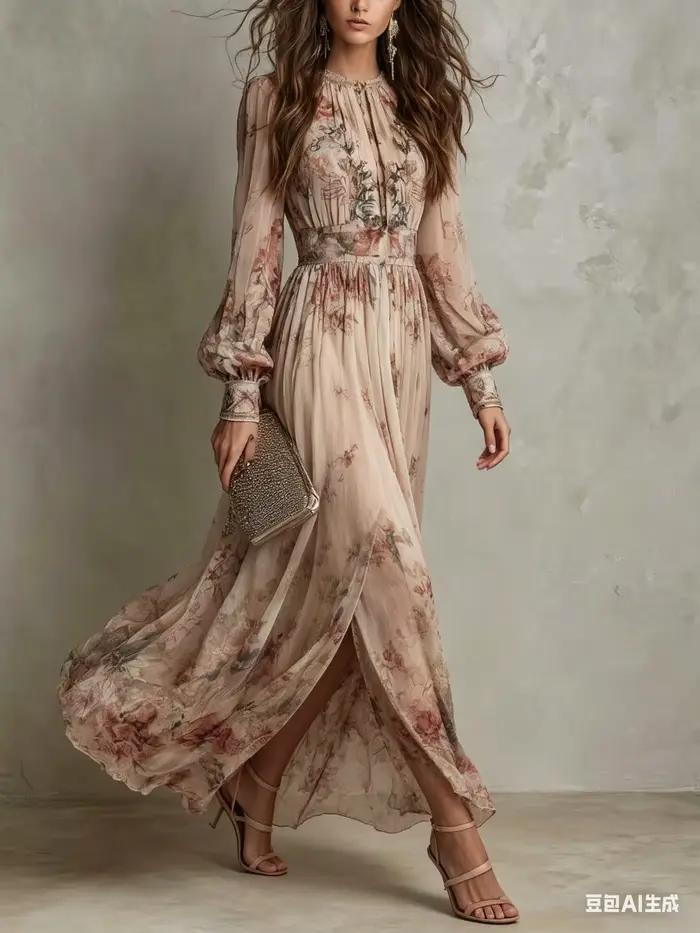 Robes longues élégantes en mousseline à manches