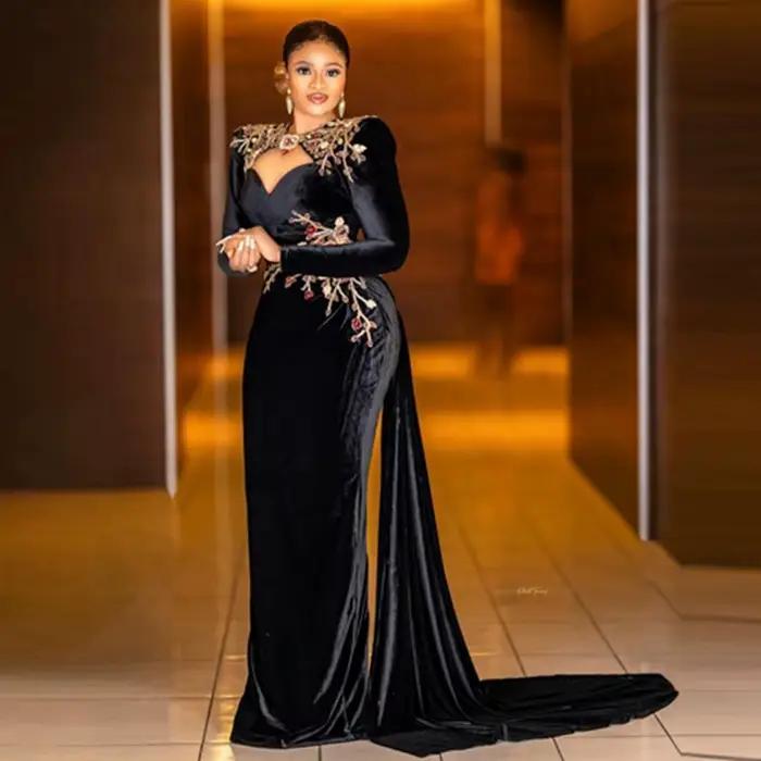 Robe de soirée sirène vintage en velours noir avec appliques florales et perles