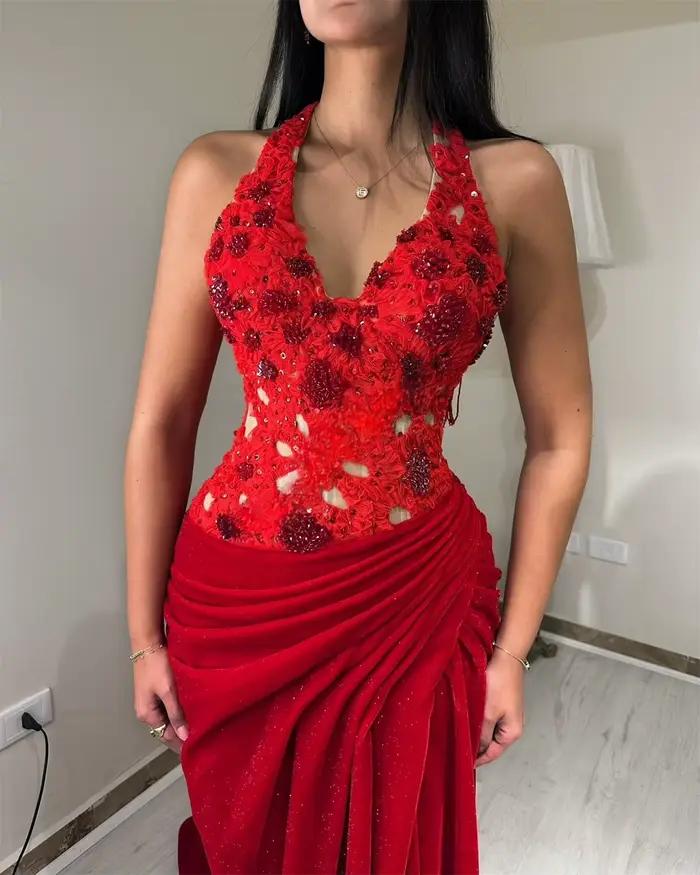CENXUAN Chic sirène 2025 robes De bal avec Appliques licou plissé perles robe d'anniversaire De luxe Vestido De Noche personnalisé