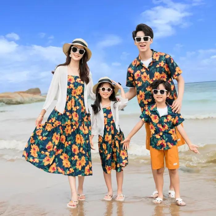Tenues Assorties Famille pour Vacances d'Été 2026 : Chemises Florales et Robes à Bretelles Mère-Fille – Look de Couple