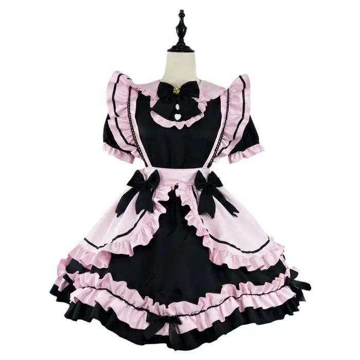Robe de demoiselle d'honneur Lolita noire et rose avec nœud chat et dentelle