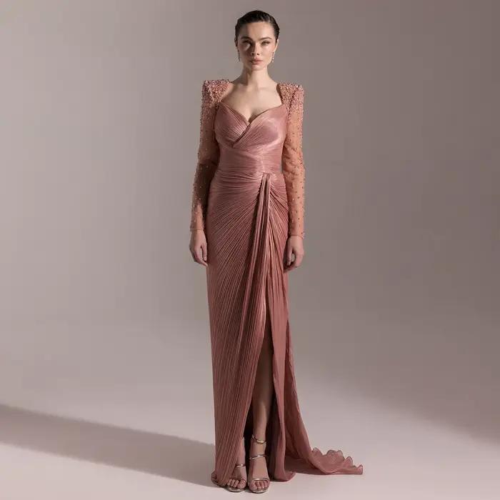 Sharon Said Dubai Beige robes de soirée de luxe à manches longues cristal Fuchsia femmes