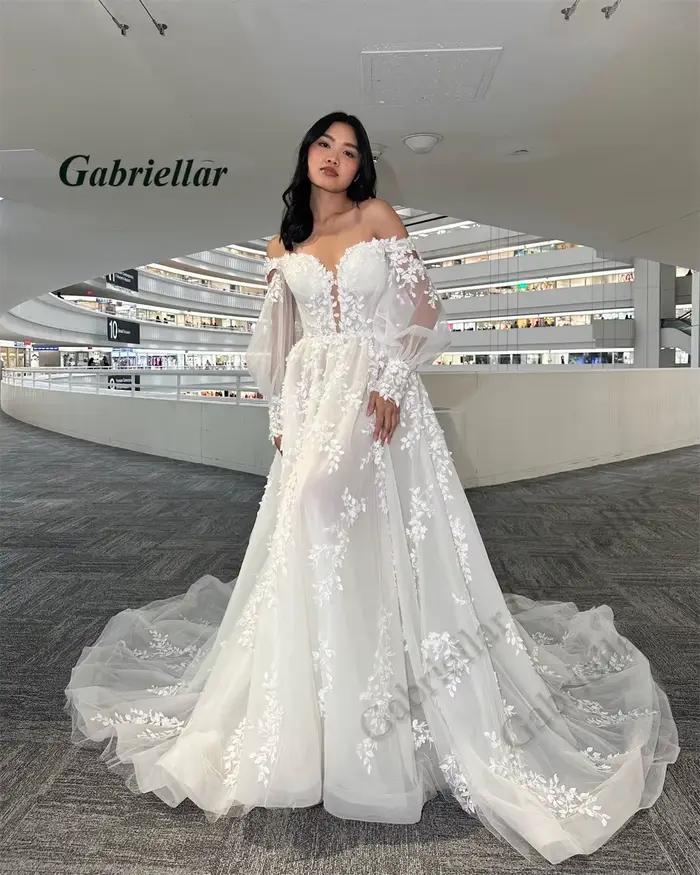 Gabriellar glamour chérie robes De mariée avec manches lanterne a-ligne chapelle Train Brudekjole