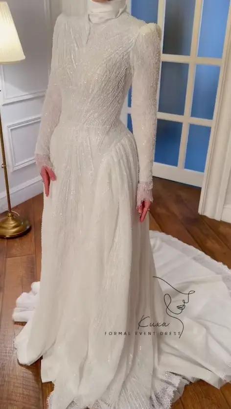 KUXA personnalisé musulman dubaï robes de mariée de luxe dentelle perlée a-ligne arabe manches longues