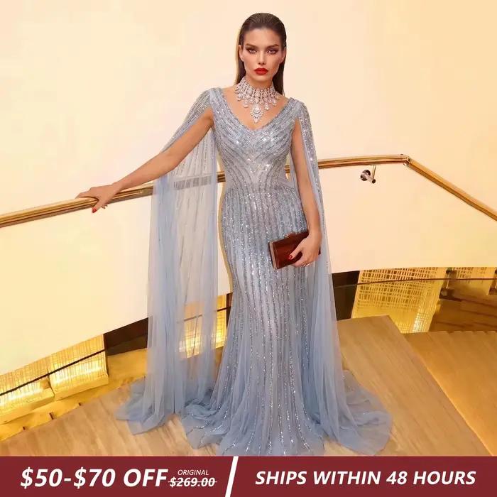 Sharon Said luxe bleu sirène arabe robe de soirée avec manches Cape élégant col en v femmes robes