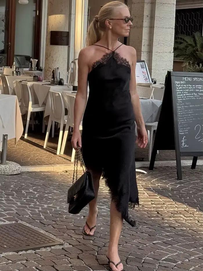 Robe longue en satin HH avec décolleté dos nu et dentelle pour femmes, style asymétrique, sans manches, polyester, pour occasions spéciales et décontraction printemps été