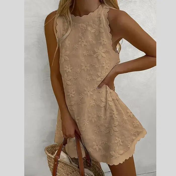 Robe décontractée ample pour femme – Nouvelle collection estivale – Dentelle unie brodée – Jupe trapèze style gilet –