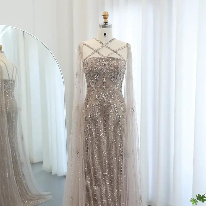 Sharon Said Dubai Champagne sirène robes de soirée avec manches Cape Aqua croisé lilas robe
