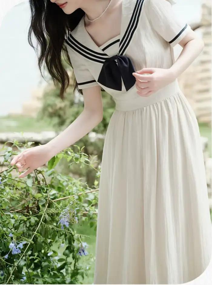 Style Preppy femmes robe douce col marin nœud robes Vintage pour mince dame Mori fille