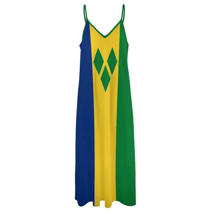 Robe longue à imprimé Saint-Vincent et les Grenadines pour femme, tenue rétro à col en V, nouvelle collection, polyester confortable, sans manches, pour femmes de tous âges, style plage, occasions spéciales, vacances, soirées romantiques, mariages