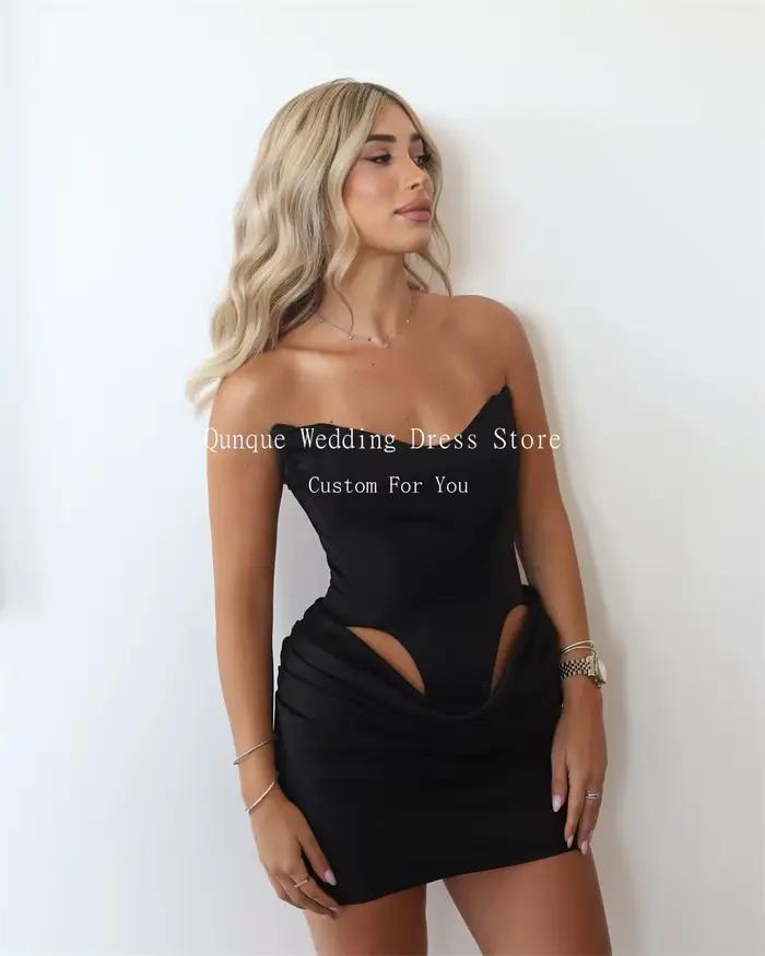 Qunque noir a-ligne robes De soirée au-dessus du genou Mini plis robe
