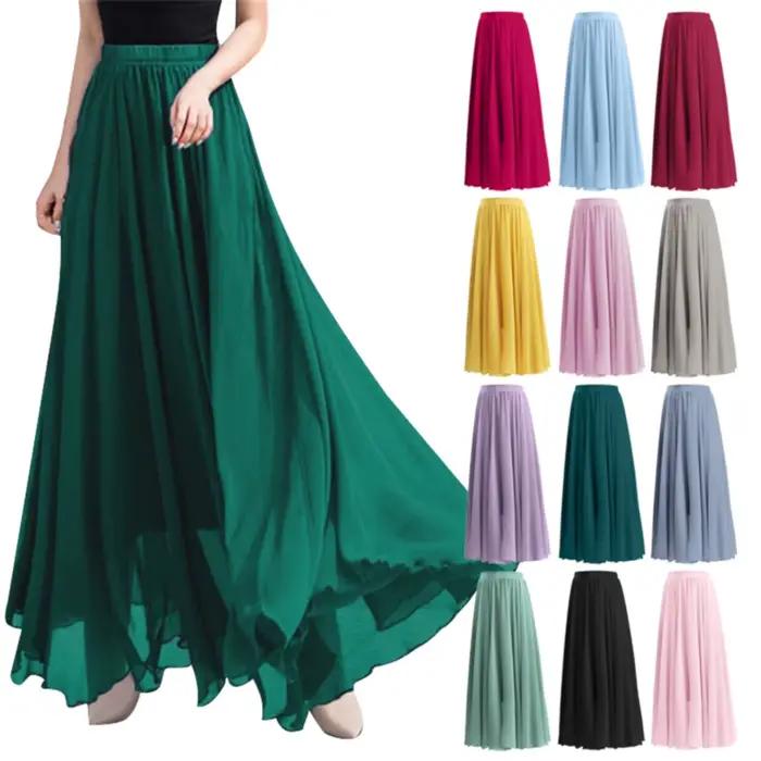 Jupe patineuse longue taille haute en mousseline de soie pour femme, polyester haute élasticité, style décontracté, adapté aux quatre saisons, couleurs vibrantes et douces, pour les femmes d'âge moyen, occasions quotidiennes et festives