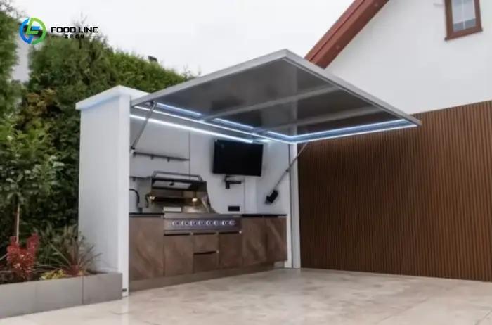 Cuisine extérieure personnalisée avec plan de travail en granit, barbecue à gaz, armoire de rangement, structure robuste en acier inoxydable, entièrement étanche