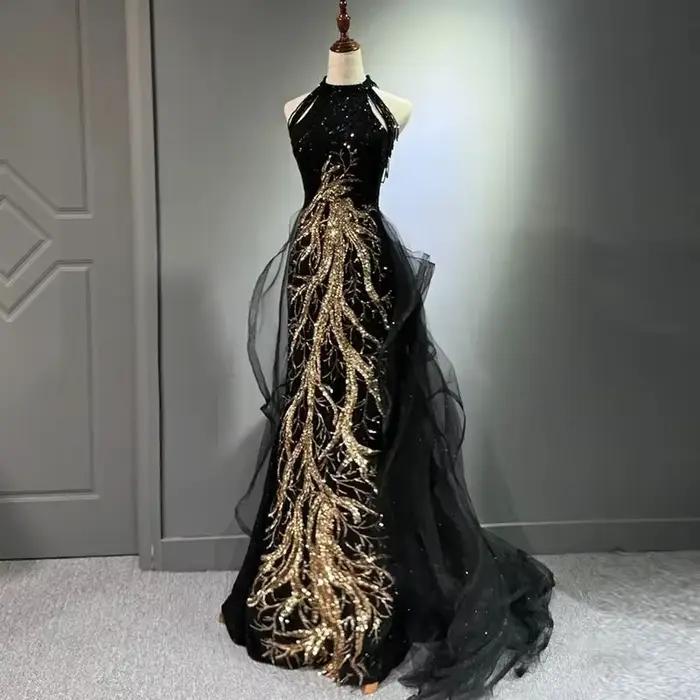 Femmes robes de soirée noir sens avancé mince tempérament célébrité hôte cou queue de poisson jupe mariage Toast robe pour femme