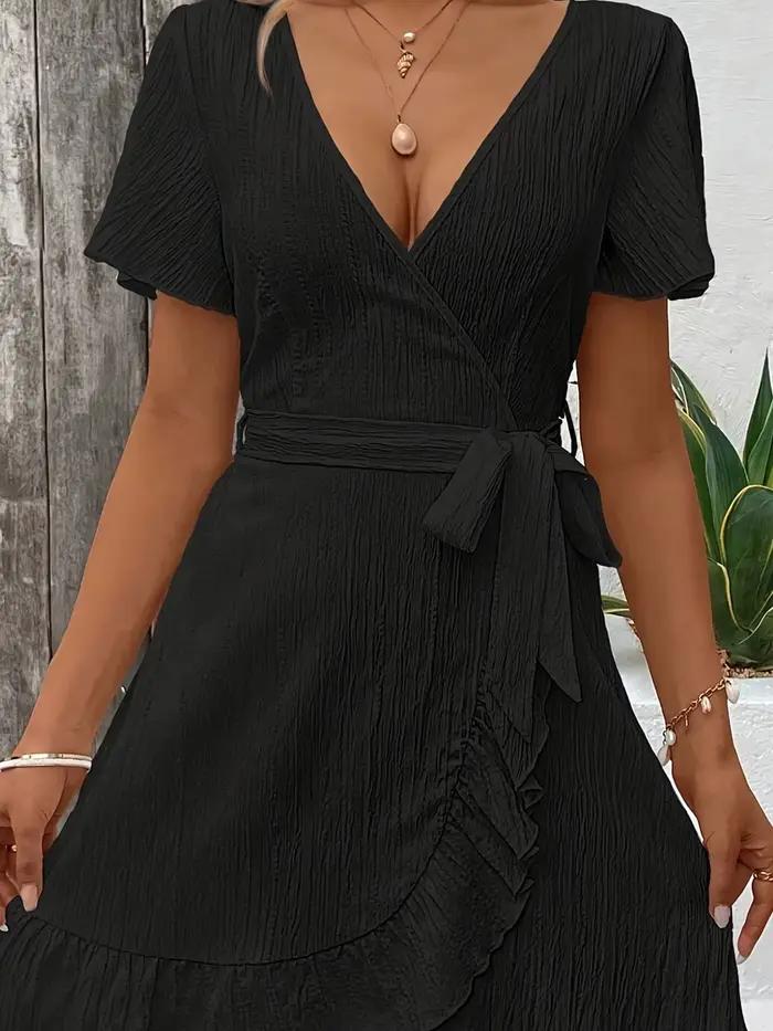 Robe courte à col en V pour femme décontractée texturée avec manches courtes ourlet à volants et taille à nouer occasions spéciales