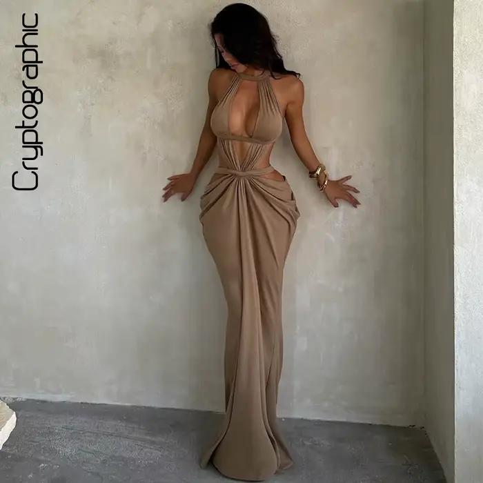 Robe longue de soirée élégante kaki