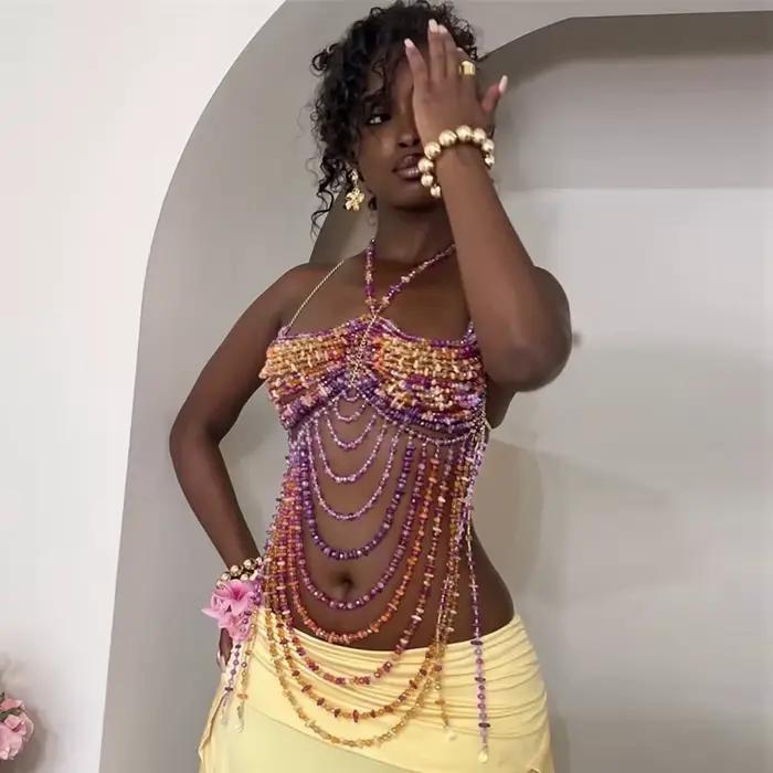 Robe de vacances 2025 nouvelles femmes Sexy à la main Multi perle chaîne de corps mode Bikini soutien-gorge licou romantique haut court maillots de bain bijoux
