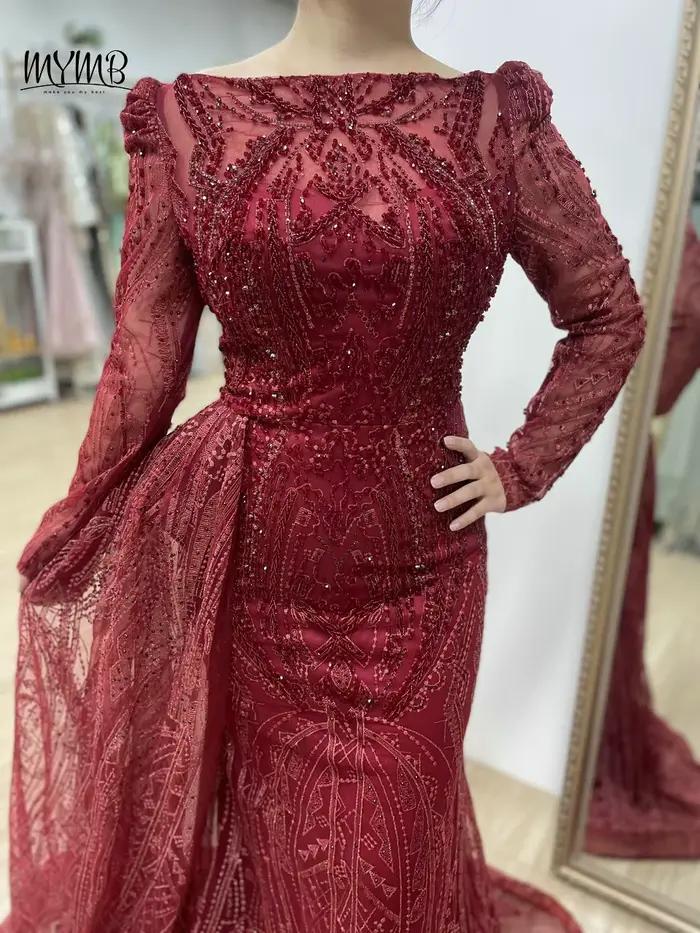 MYMB vin élégant manches longues perles dentelle mère de la robe de mariée arabe magnifique sirène robes de soirée pour la fête de mariage