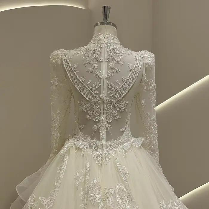 9439 personnalisé 2025 robe de mariée col haut dentelle bouffée à manches longues robes de bal