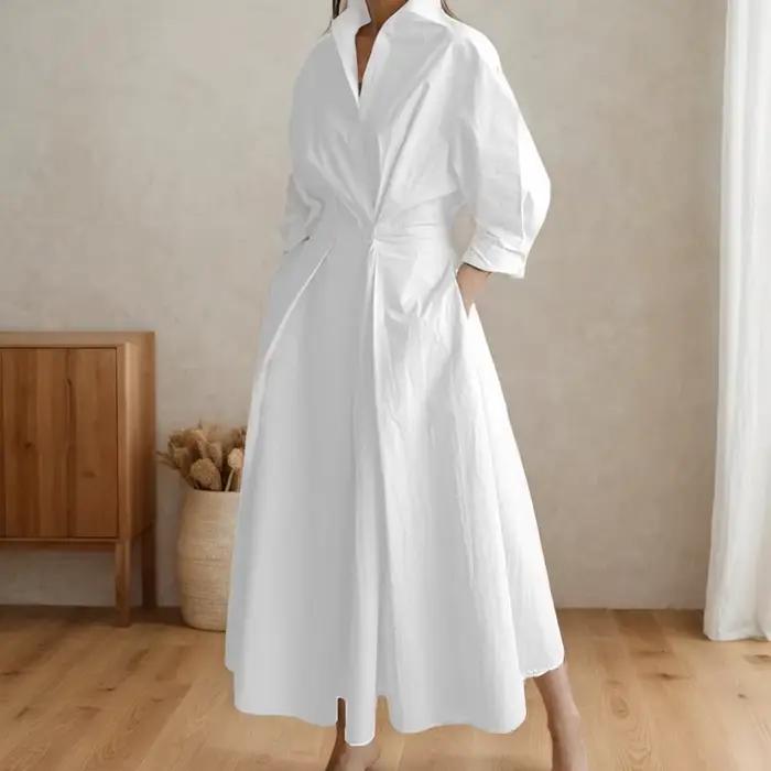 Robe longue taille haute à manches longues pour femmes, polyester, motif imprimé, coupe lâche, col rabattu, adapté aux événements formels, soirées et journées de travail