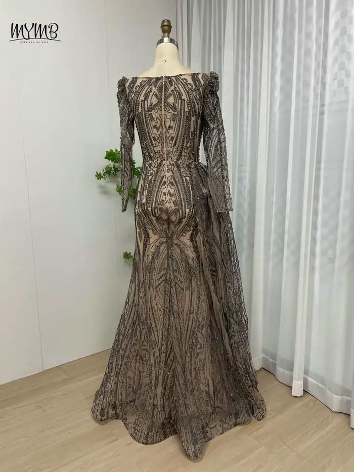 Robe de soirée MYMB en polyester sirène perlée avec train latérale pour femmes mariages et cérémonies spéciales