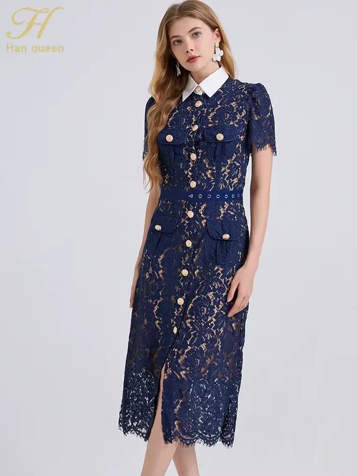 H Han Queen élégant France femmes simple boutonnage dentelle robes femme évider à manches courtes Vintage robe mi-longue
