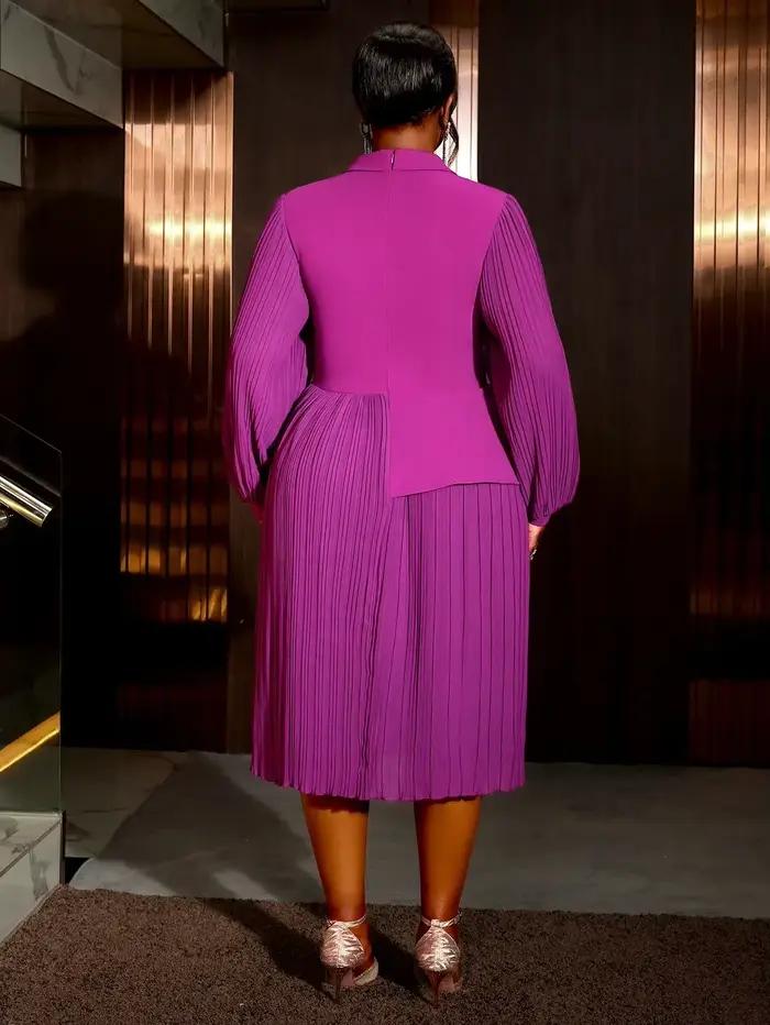 Robe trapèze plissée pour femme, col en V, manches longues lanternes, taille haute, élégante pour bureau et occasions spéciales violet