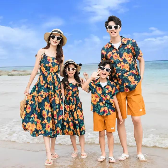 Tenues Assorties Famille pour Vacances d'Été 2026 : Chemises Florales et Robes à Bretelles Mère-Fille – Look de Couple